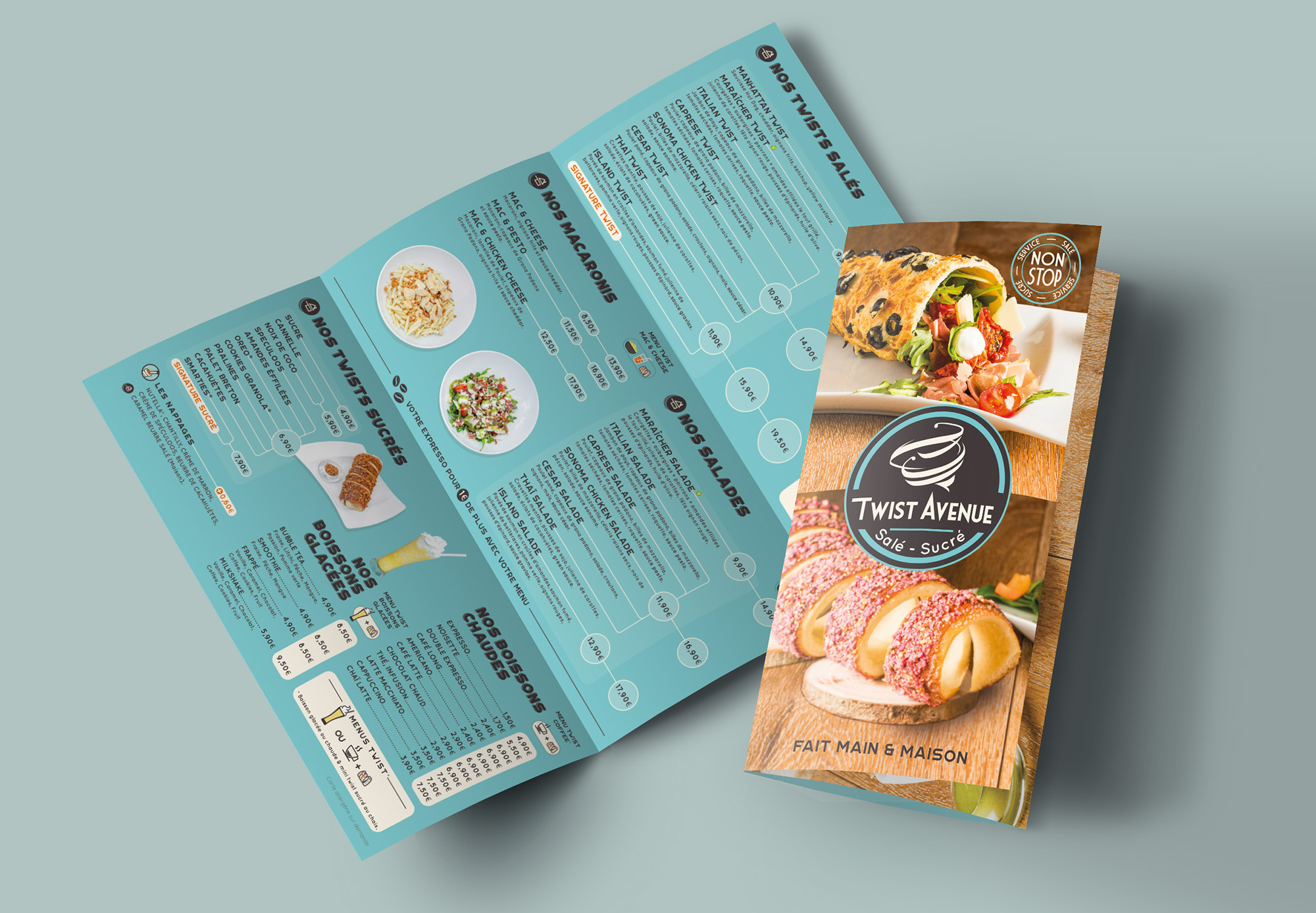 Brochure commerciale A4 2 plis roulés pour le restaurant Twist Avenue