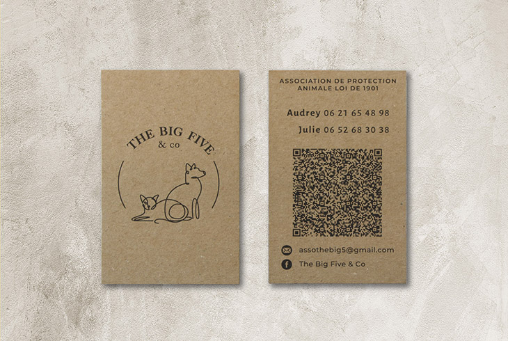 Carte de visite éco-responsable en papier kraft pour l’association The Big Five & Co., avec illustration chien et chat, QR code et contacts.