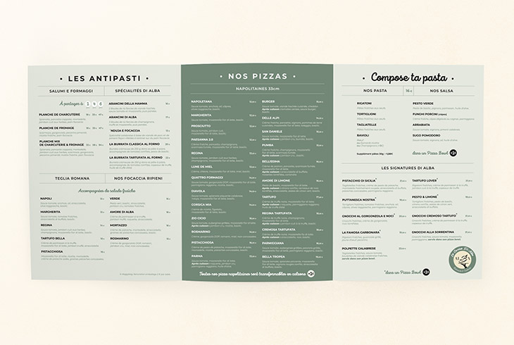 Vue intérieure du menu du restaurant La Cucina Di Alba, présentant les pizzas napolitaines, les compositions de pasta avec sauces au choix, et les plats signatures du chef.