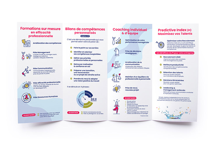 Dépliant 3 plis ouvert, présentant les services proposés par Isabelle Baille Consulting : formations sur mesure (management, communication, RH), bilans de compétences personnalisés, coaching individuel et d’équipe, et méthode Predictive Index. Pictogrammes illustratifs, encadrés colorés et schéma circulaire rythment la lecture. L’accent est mis sur la performance professionnelle, la connaissance de soi et la valorisation des talents.