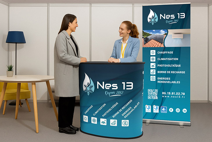 Mockup d’un comptoir d’accueil et d’un roll-up personnalisé avec identité visuelle professionnelle.